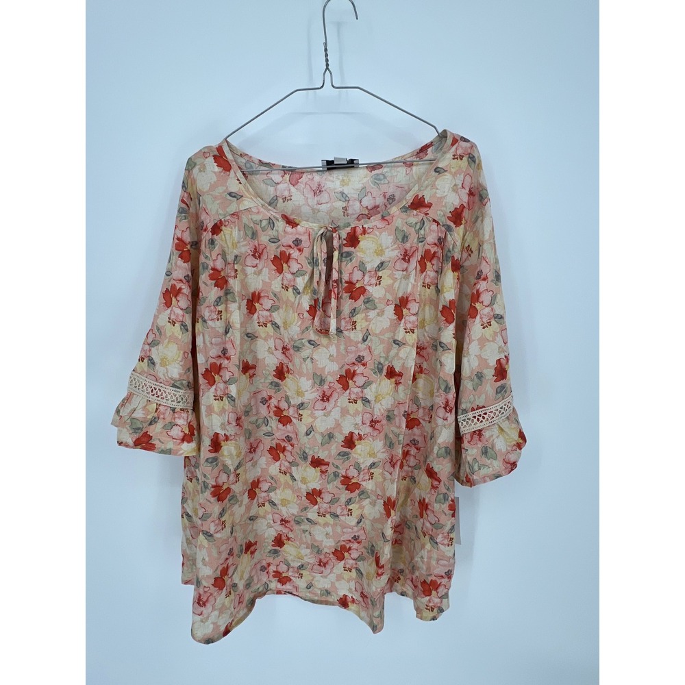 AB Studio Woman Blouse Floral Linen Blend Coral Fusion 3X NWT